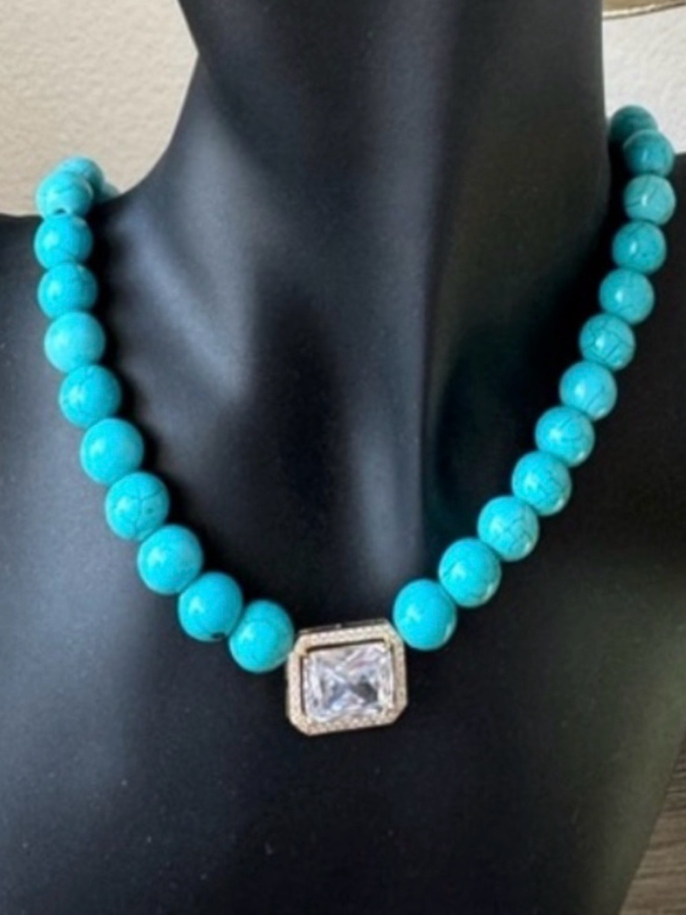 Turquoise Beaded Necklace with Center Crystal Pendant - Picture 3 of 6